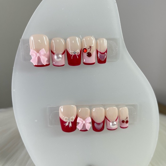 Handmade Press on Square Pink Red French Nail set - Picture 2 of 6